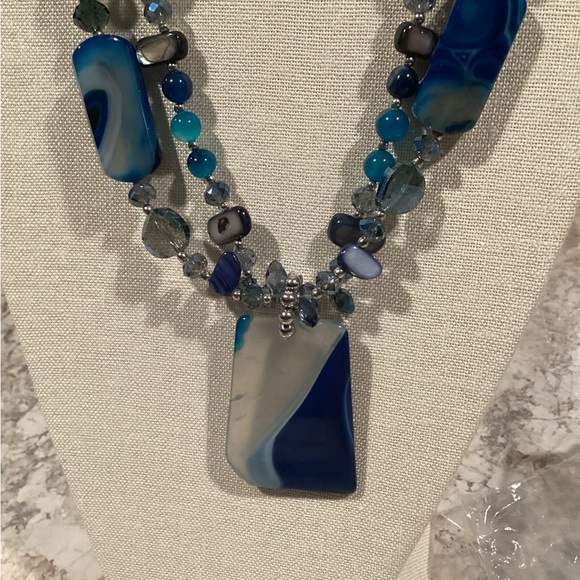 Oceanic Elegance Blue 2 Strand Glass Boho Statement Necklace - Picture 2 of 5